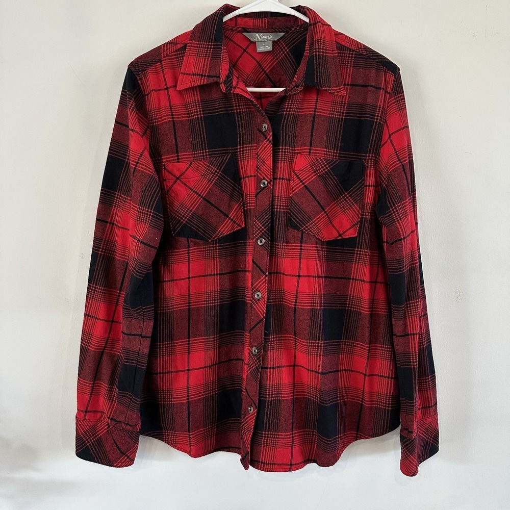 New Women Natural Reflections Plaid Long‎ Slv Button Up Shirt Lg Western Red Blk